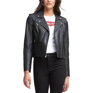 Women's The Classic Faux Leather Moto Jacket Font Full Zipper Long Sleeve Black
